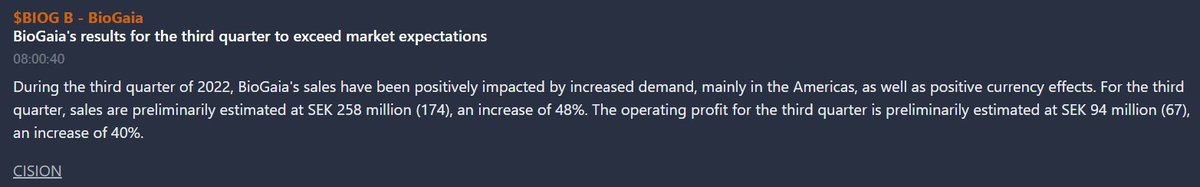$BIOG B - 
BioGaia's results for the third quarter to exceed market expectations