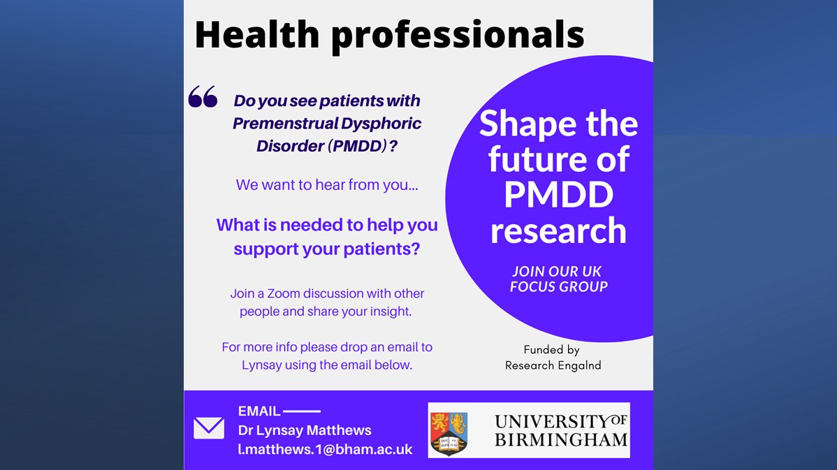 📣 We're looking for UK gynaecologists with experience of managing PMDD

Join our focus group on **WED 2nd NOV 0945am** and help us build a research agenda for the UK. 

📧 l.matthews.1@bham.ac.uk for info

#pmdd #severepms #gynae #womenshealth <a href="/RCObsGyn/">RoyalCollegeObsGyn</a> <a href="/IAPMDglobal/">IAPMD</a> @naps_pms