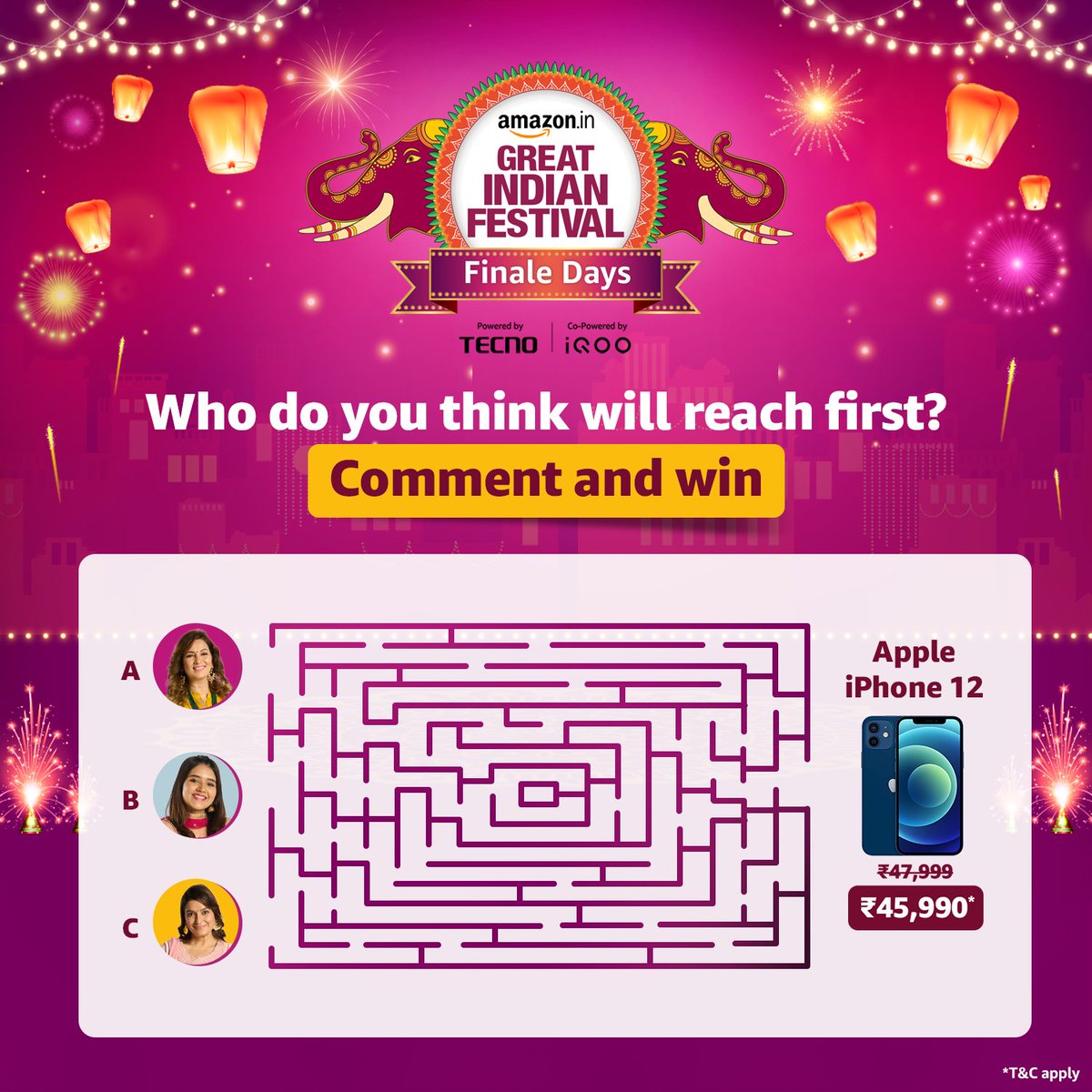 Hurry! The #AmazonGreatIndianFestival is ending soon! Here's your chance to win an Amazon voucher worth INR 5,000/-  Comment who will reach iPhone 12 first , tag @amazonIN and use #AmszonSeLiya #FinaleDays T&C Apply: bit.ly/AGIF22TC