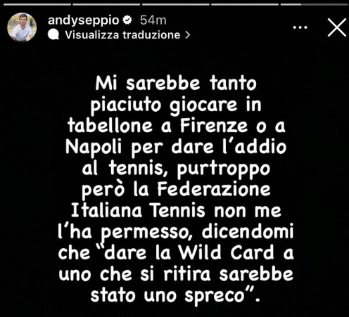 ArabTennis20's tweet photo. 🇮🇹 أندرياس سيبي عبر حسابه في انستغرام: "كنت أتمنى أن ألعب في بطولة فلورنسا أو نابولي كي أودع عالم التنس، لكن لسوء الحظ لم يسمح لي الإتحاد الإيطالي للتنس بذلك، قائلاً إن إعطاء بطاقة دعوة للاعب سيعتزل سيكون مضيعة!" #NapoliTennisOpen https://t.co/c0L3SaFbp7