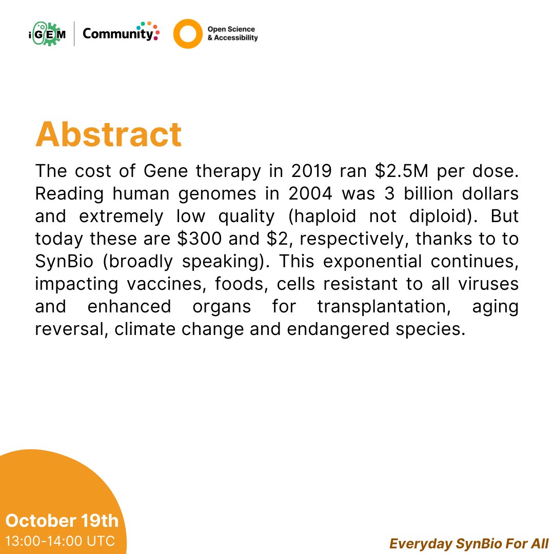 iGEMCommunity's tweet image. Join the Lens on Labs series #2! The talk will be by Dr. @geochurch, Professor of Genetics, Wyss Institute at Harvard University with a topic of "Everyday SynBio For All" 
📅Oct 19, 1 PM UTC 
👉bit.ly/OScA-LoL1
#synbio #synbioresearch #igemcommunity #osca