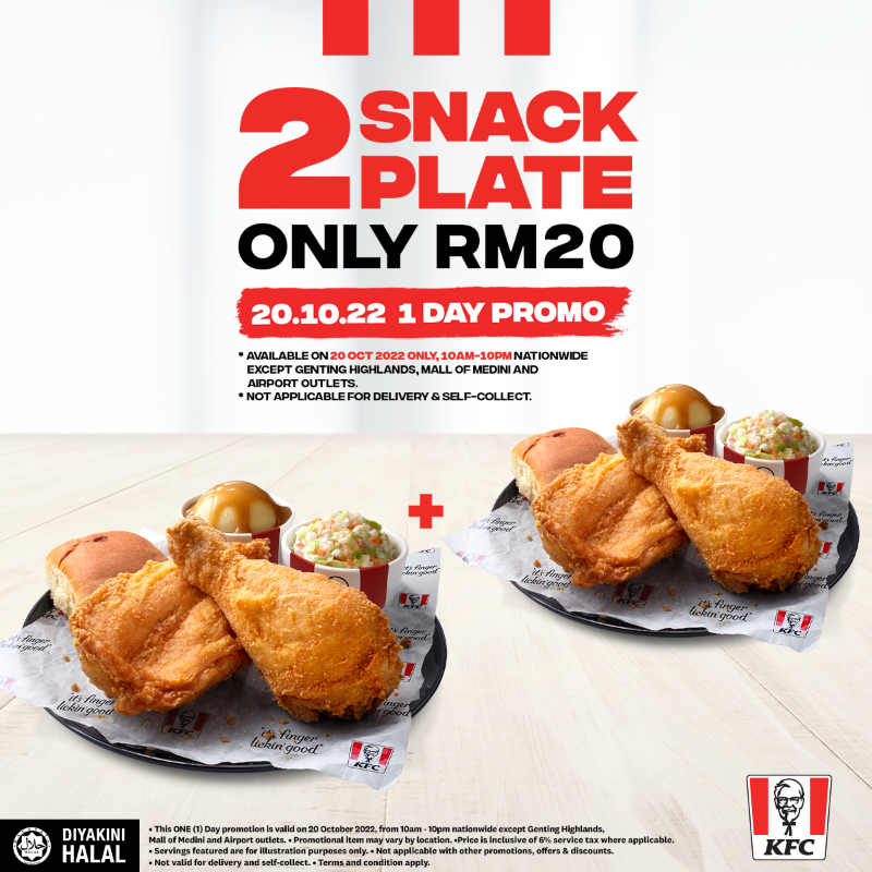 KFCmalaysia's tweet photo. Cepat order 2 KFC Snack Plate for RM20 on the 20th of October! 

Available untuk SATU HARI JE! 😱