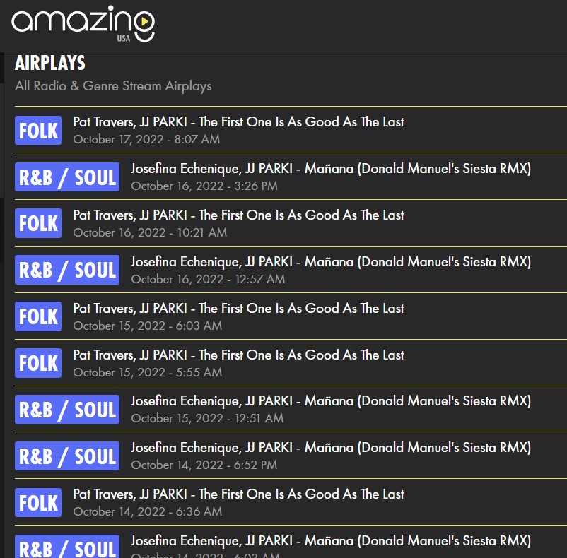 Incredible support since June from <a href="/AmazingRadioUSA/">Amazing Radio USA</a> &amp; <a href="/amazingradio/">Amazing Radio</a> 
#gratitude THANK YOU #jjparkiandco

<a href="/Lajoseoficial/">Josefina Echenique</a> <a href="/Donalddrums/">Donald Manuel</a> #MAÑANA #donaldmanuelssiestamix
#pattravers #JJPARKI #thefirstoneisasgoodasthelast

LISTEN: #AmazingRadio #Playlist 
open.spotify.com/playlist/5eCsd…