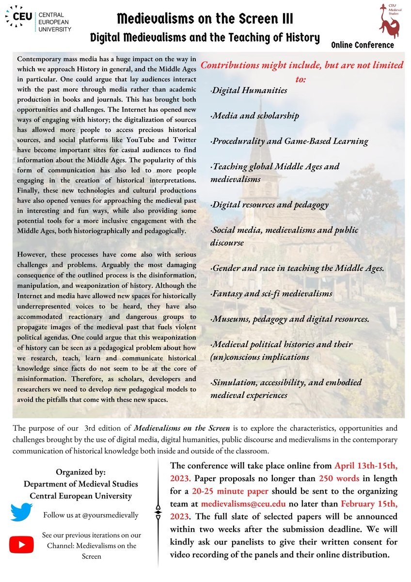 jmrubio120's tweet photo. Call for Papers! Join us at our 3rd Medievalisms on the Screen Conference: Digital Medievalisms and the Teaching of History; we will discuss how media and social networks impact our understanding of the MA, political radicalization, and historical pedagogy. Details below! https://t.co/LlPxsg85Sb