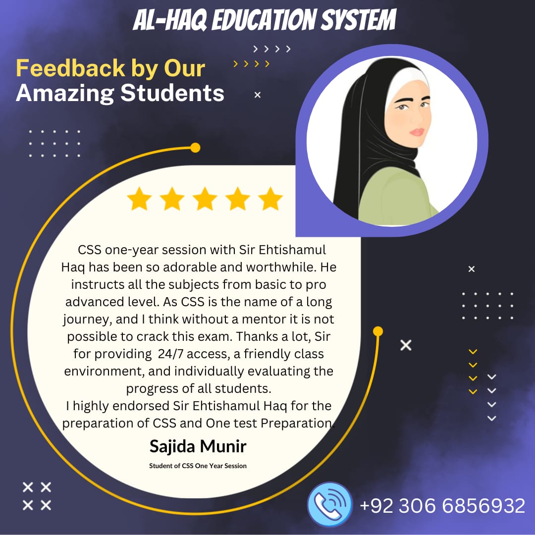 Alhamdulilah!! Feedback of our amazing students.

#cssexam #englishessay #css2024 #cssresult #CSS #PMS #pmsaspirants #csstricks #csspreps #cssstretegy #css #fpsc #fpscjobs #articles #currentaffairs #essay #precise #cssworld #competitiveexam