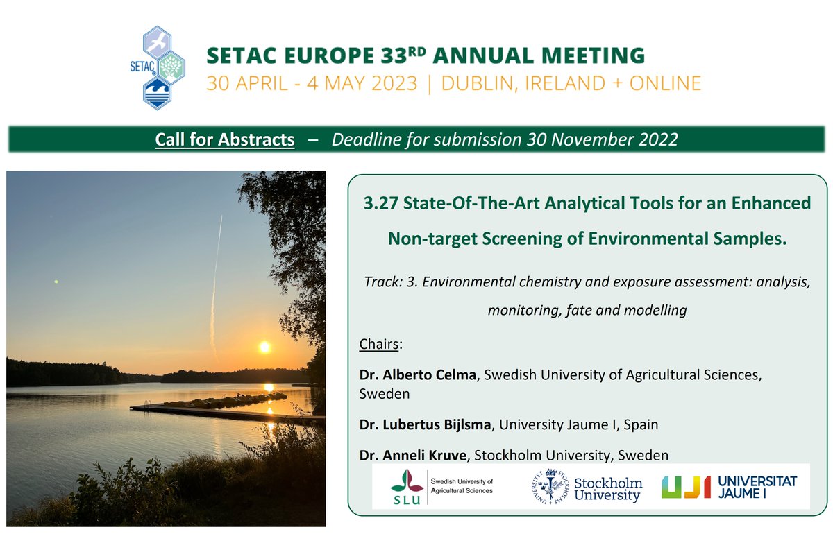 We are pleased to announce to you our session at SETAC Dublin 2023. We invite you to submit an abstract to this exciting session about the latest tools to enhance non-target screening (Track 3). Deadline for submissions is 30 November 2022  setac.confex.com/setac/europe20… 
 @SETAC_world