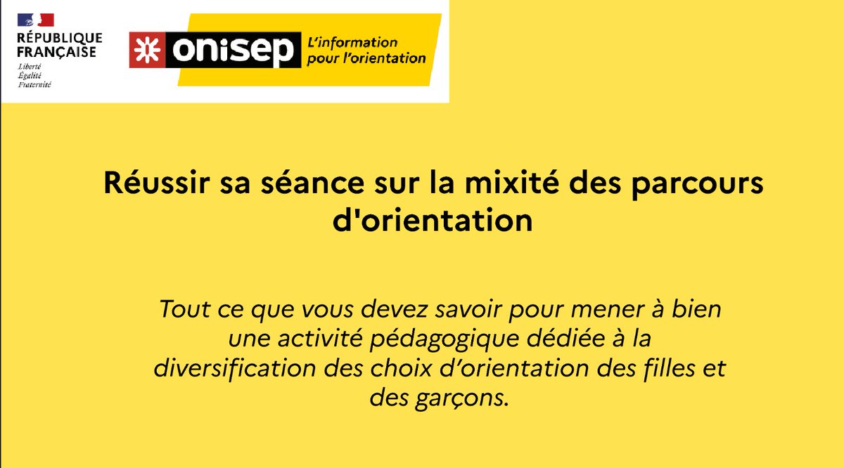 #Équipeséducatives, suivez le webinaire <a href="/Onisep/">Onisep</a> pour vous aider à réussir votre séance sur la #mixité des parcours d'#orientation, pour une formulation des choix de métiers et d'études moins genrée de vos élèves > ow.ly/Lefw50L86YT #parcours #égalité #filles #garçons