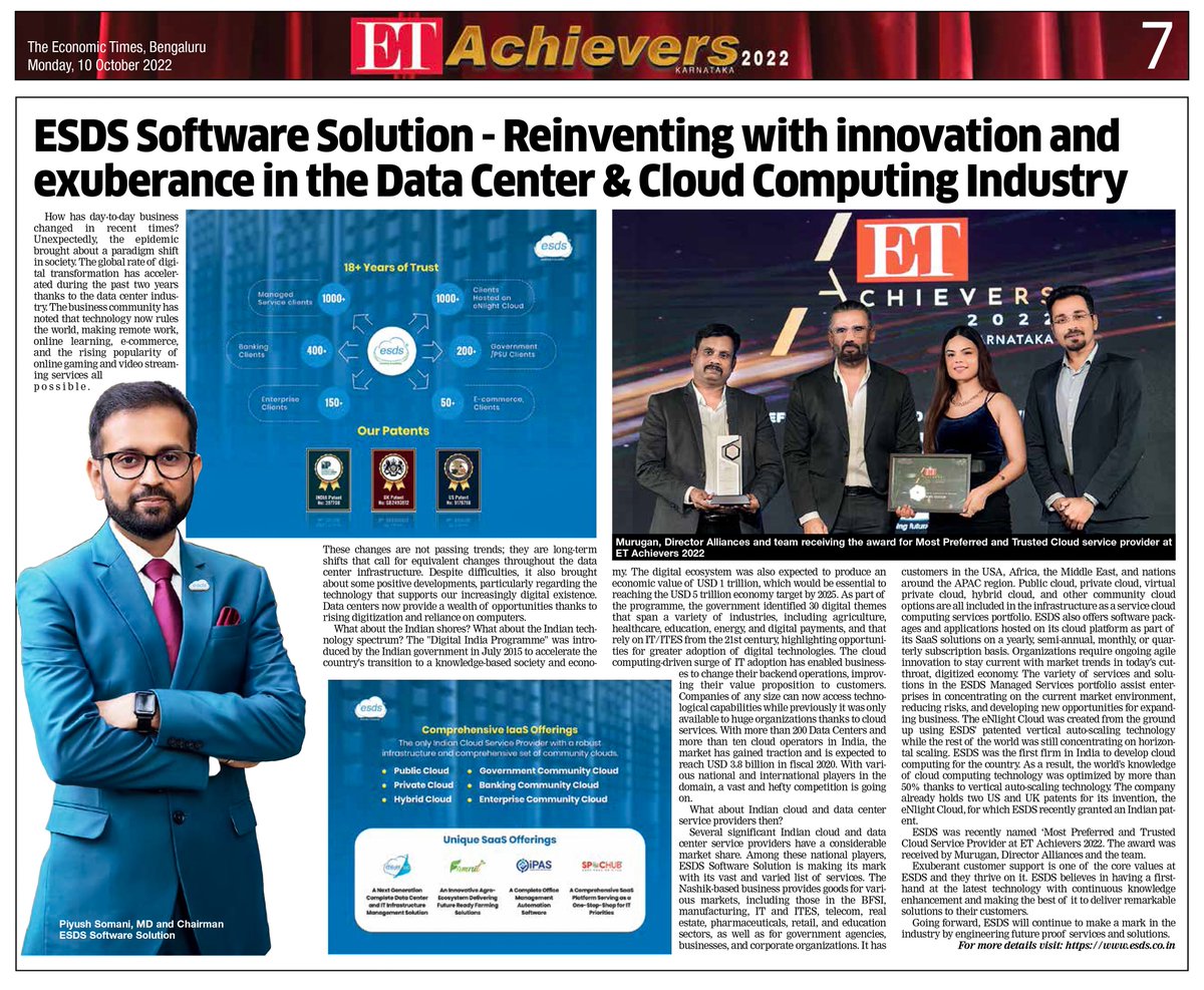 ESDSDataCenter's tweet photo. What makes ESDS the Most Preferred and Trusted Cloud Partner?
Well, it is our Technology and People!

Sharing our story of #innovation and #technology with The Economic Times.

#ESDS4U #Economictimes #awards #MondayMotivation https://t.co/IRHLWl1coa