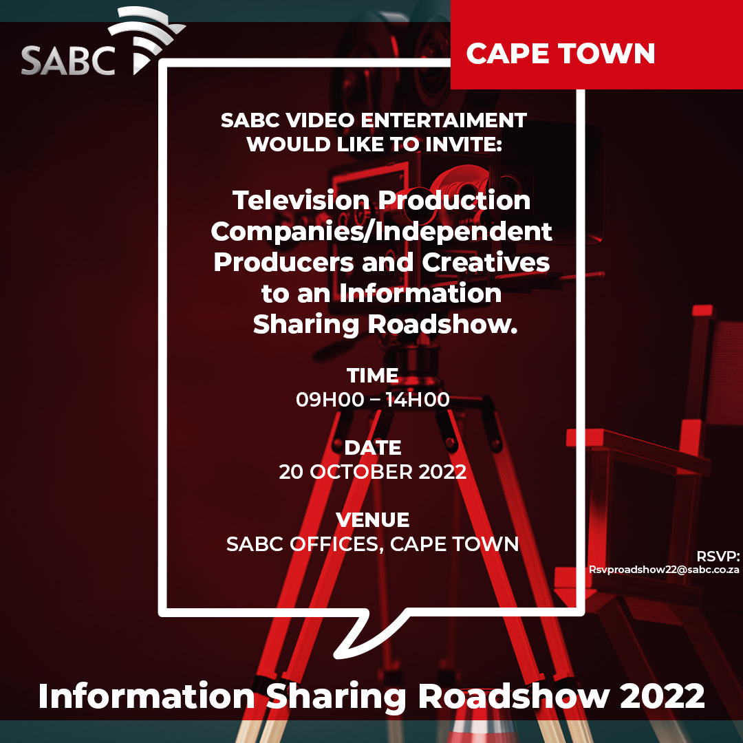 The Provincial Roadshow aims to engage the industry about the SABC’S content strategies from Local Productions Headed by Lala Tuku, Content needs from the Platforms by Head of Platforms, D. Makubyane, and our Terms of trade from S. Holman. RSVPRoadshow22@sabc.co.za