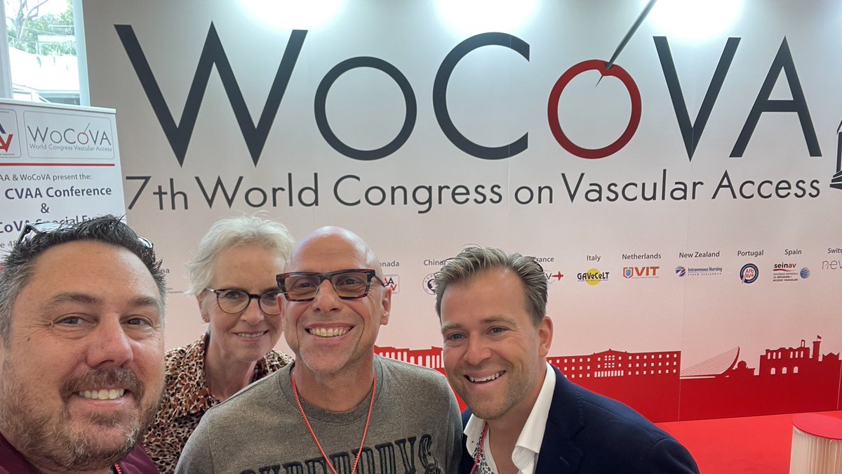 Co-authors unite first time in person at #wocova22 Myself, Agnes van den Hoogen, Roland van Rens & Rick van Loon sharing a laugh and discussing best #vascularaccess practices @WoCoVA