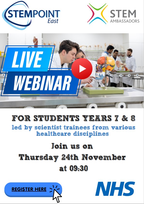 In partnership with STEM, our team & trainees in the EoE region will be hosting this exciting webinar. We want to inspire the next generation of heroes 🌟💪 Get in touch for more info. #STEM #HCS #webinar @STEMPOINTEast @STEMAmbassadors @WeHCScientists @EoEHSTN @NHSHEE_EoE