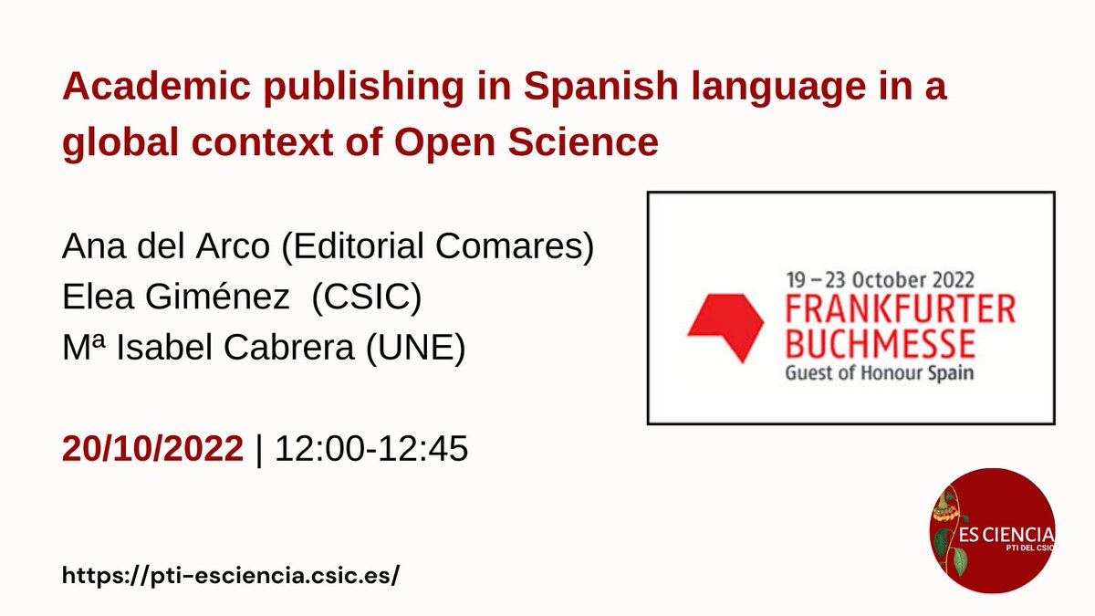 📢@anadelarco, @ILIA_CSIC y Mª Isabel Cabrera @unelibros estarán el jueves 20🗓️en @Book_Fair 📚para hablar de #CienciaAbierta, edición académica, #AccesoAbierto y Derechos de Autor. 

#fbm2022  #SpainFrankfurt2022  #CreatividadDesbordante #OpenScience #openaccess