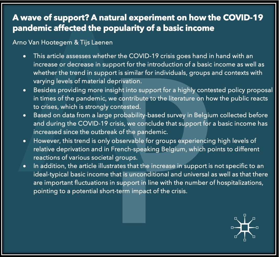 Out now, #OpenAccess and #OnlineFirst: @ArnoVanHootegem and @LaenenTijs explore how the COVID-19 pandemic affected the popularity of basic income. 

Read it here: link.springer.com/article/10.105…