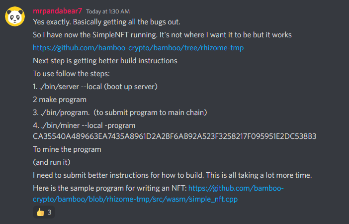 pdn_pandanite's tweet photo. Simple #NFT for #BambooNetwork status update . π
Testing phase, so its not live on main net yet.
Still you can get a glimpse of the concept behind our Layer 2 - #Rhizome. π₯οΈ
#cryptocurrency #blockchain #crypto #Bamboo
- Links:
https://t.co/N1NfT709Hj
https://t.co/PBcDcUVTLJ https://t.co/Kt0ndXtPDm