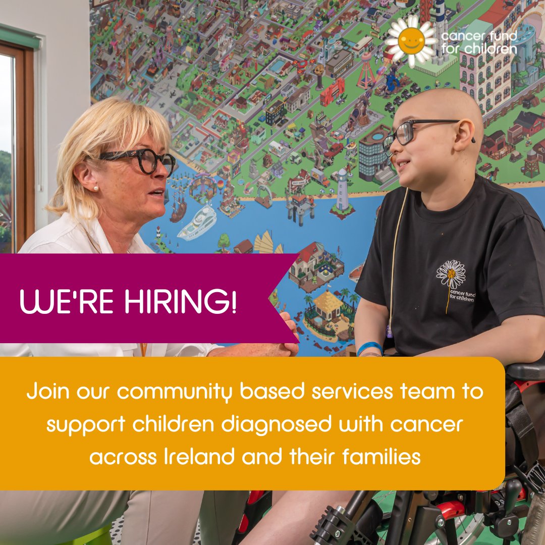 📣We are recruiting 4 community based Cancer Support Specialists to provide emotional & social support to children diagnosed with cancer across the island of Ireland The roles will be based in: ✅Galway ✅Dublin ✅Cork ✅Cavan & Westmeath. 👉cancerfundforchildren.com/jobs/