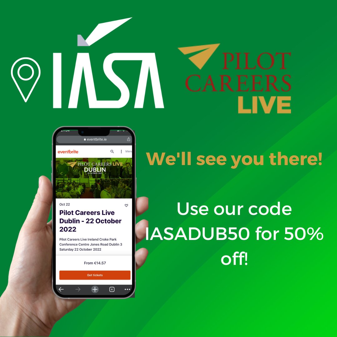 Pilots Career Live makes a return to Dublin this Saturday, the 22nd, from 10:00-16:00 in Croke Park. We are delighted to be exhibiting at this event again &amp; have an exclusive IASA code for 50% off - IASADUB50!

Tickets are still available via the link: bit.ly/3TJCNl9