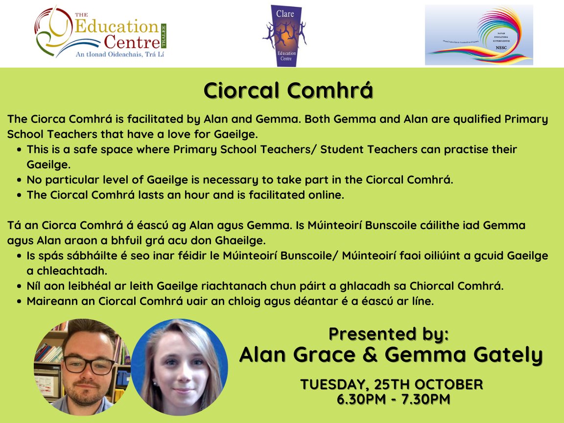 Ciorcal Comhrá 📅Tuesday, 25th October 2022 ⏰6.30pm - 7.30pm 🌎Online Via Zoom Tá an Ciorca Comhrá á éascú ag Alan agus Gemma. Is Múinteoirí Bunscoile cáilithe iad Gemma agus Alan araon a bhfuil grá acu don Ghaeilge. ®️ zoom.us/webinar/regist…