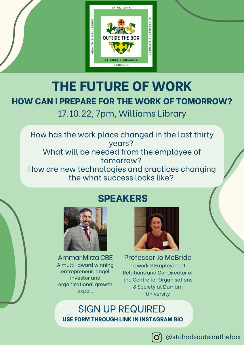 CSCPemberton's tweet photo. 7:00pm Williams Library, St Chad's College 'The Future of Work' with @AmmarMirza @McBrideJo  @StChadsDurham @StChadsJCR https://t.co/ld96AuaxAQ