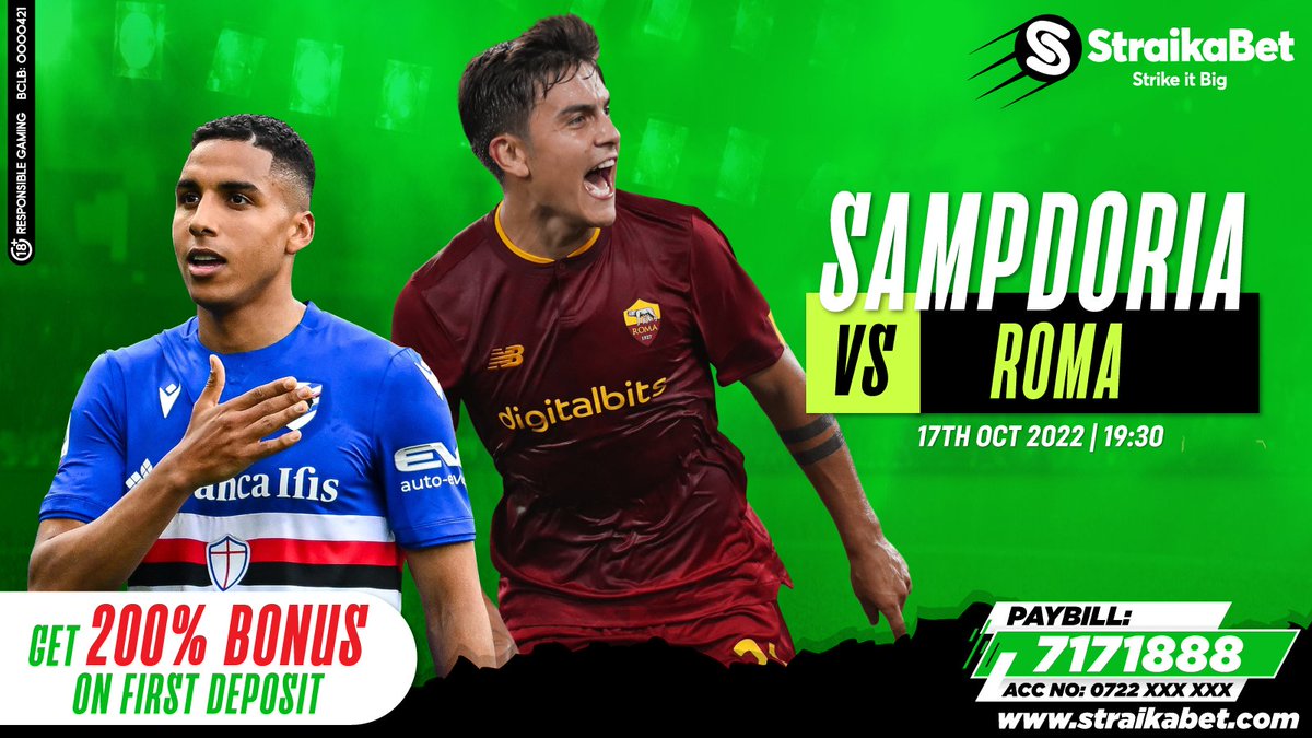 StraikaBet's tweet photo. Sampdoria still remains at the bottom of the Seria A table even with the new head coach Stankovic, today they welcome AS Roma who are 6th in the table
Nani atajenga bet yako leo?
LOGIN: https://t.co/kqsnt1s5c5
PAYBILL: 7171888
ACC: Namba Yako
#StrikeItBig #OmokaNaStraikabet https://t.co/v0CNfPqkzK