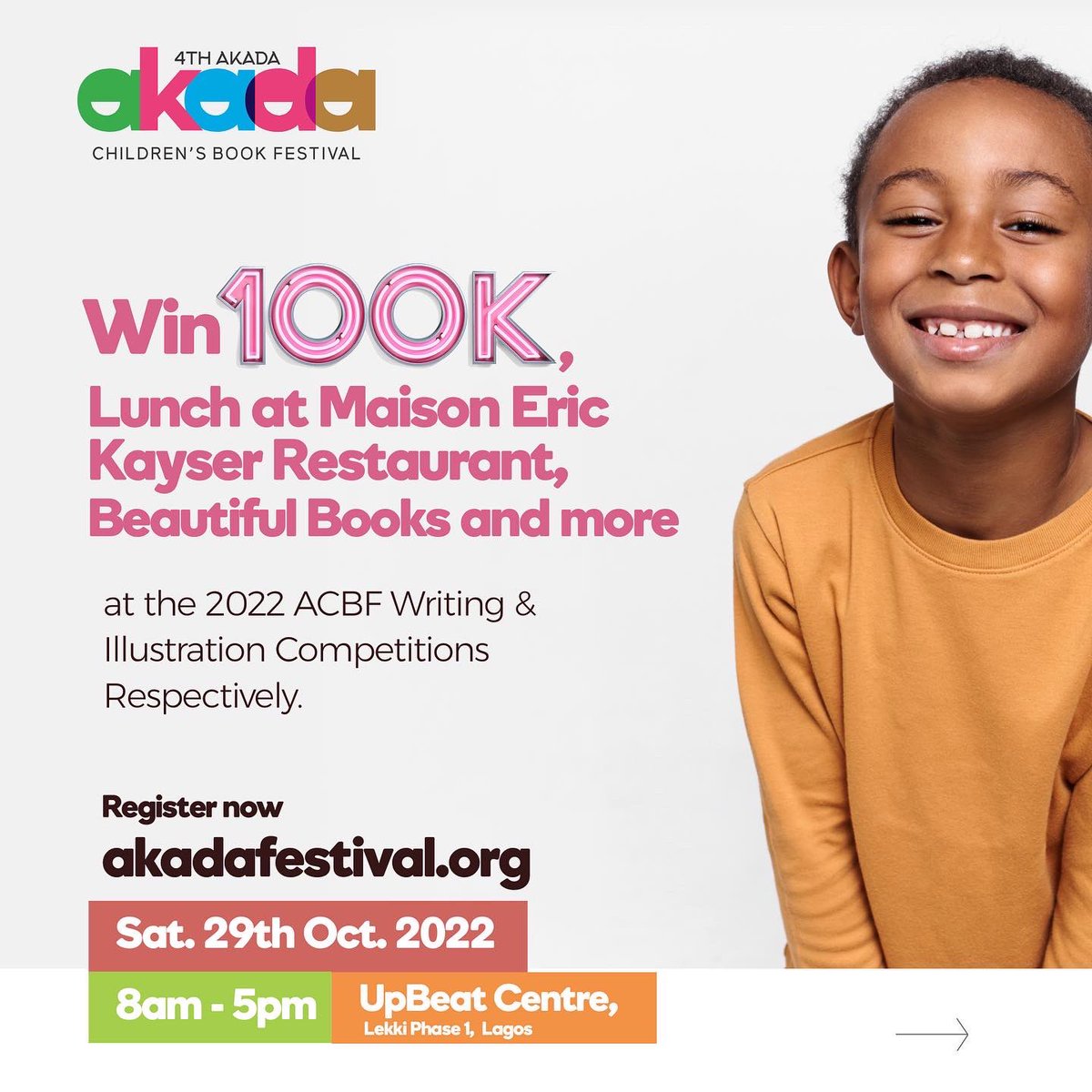 AkadaFestival's tweet photo. 3 DAYS TO #ACBF2022 COMPETITIONS DEADLINE!

Parents, teachers &amp; guardians encourage children to join #akadafestival writing &amp; illustration competitions to win N100k, Lunch at Maison Eric Kayser, books from @NarrativeLscape &amp; many more!

See next tweet for details https://t.co/ygPEcJ77Zx