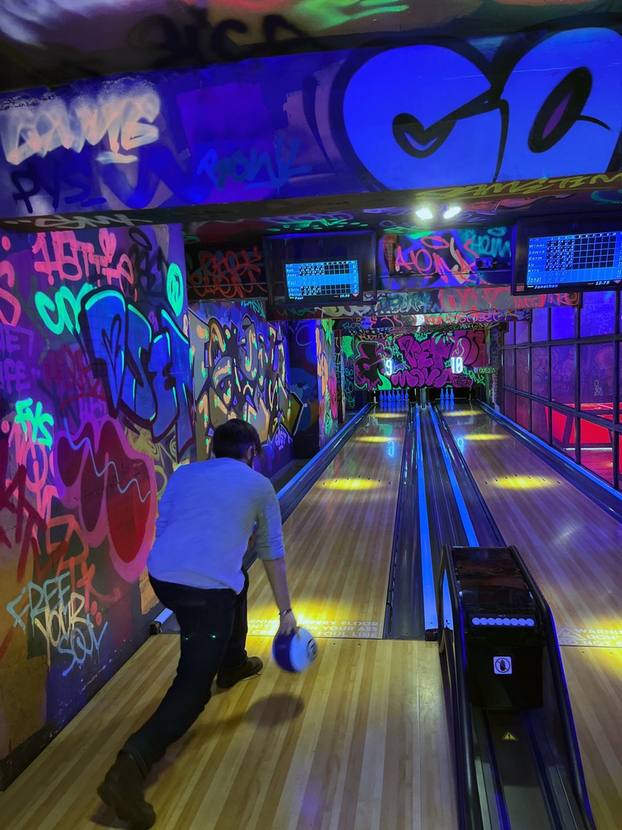 yousayjump's tweet photo. On Friday, we hosted a JUMP Bowling Championship with the team. Can you guess who lost? 🎳

#wesayhowhigh #bowling #graphicdesignagency #webdesign #webdevelopment #branddesign #team https://t.co/mstv6I9nj4