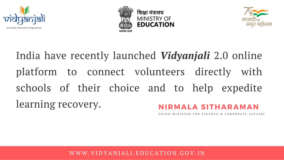 vidyanjali_edu's tweet photo. "The Finance Minister, Ms.Nirmala Sitharaman" in a discussion on a paper titled “Learning Losses: What to do about the Heavy Cost of COVID on Children, Youth, and Future Productivity” during the meeting of the World Bank in Washington DC mentioned about Vidyanjali initiative; https://t.co/kqBLie3Llt