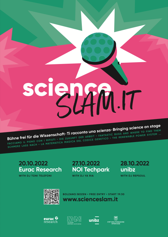 EURAC's tweet photo. It's on: The first round of #science slammers is about to hit the stage. 

This Thursday, 20 October, 7.30PM at our HQ in #Bolzano. See you there!

#research #slam #scienceslam #scicom https://t.co/aVr5u10t10