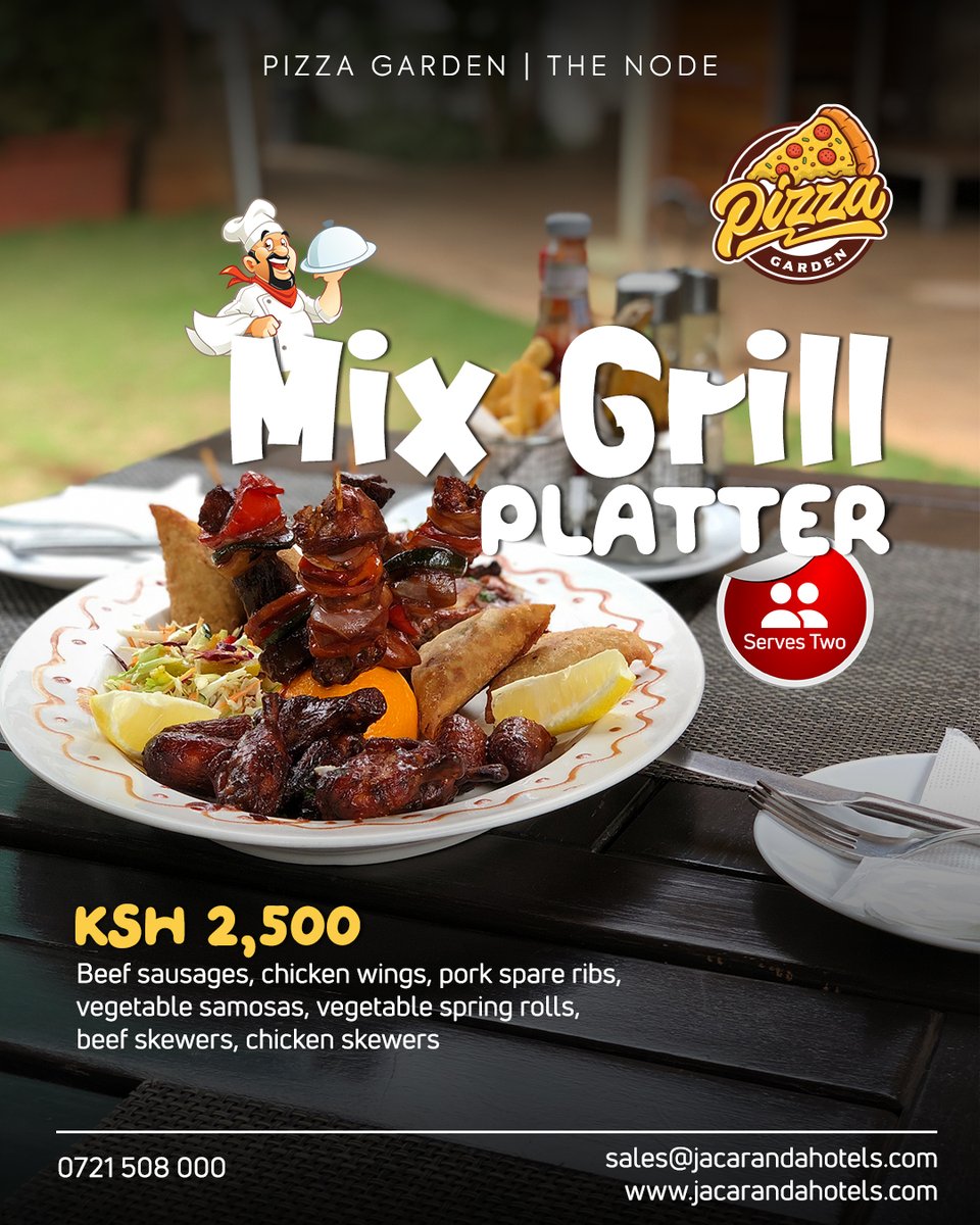 Pizzagarden_ke's tweet photo. Start your week right at #PizzaGardenAtTheNode with this filling mix grill platter for two.
To book call 0721508000.
#JacarandaHotels #JacarandaHotelsKenya #TheNodebyJacaranda #foodie #Instafood #foodies #fillingfood #Nairobirestaurants #restaurantinnairobi #offersonfood https://t.co/6uL9emEAHh