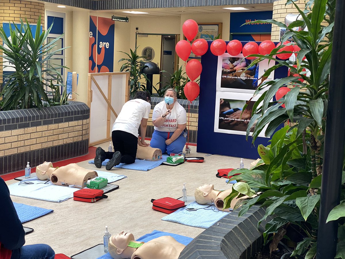 The team at TUH preparing to teach essential life saving skills to non clinical staff and visitors for world #RestartAHeartDay come down and learn #CPR with the team.