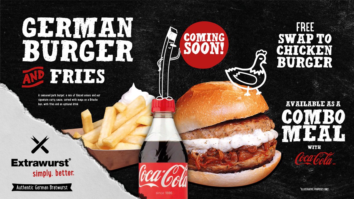 German seasoned pork burger, a mix of Glazed onions and our signature curry sauce, served with mayo on a Brioche bun, with fries and an optional drink

Or upgrade to a chicken burger instead absolutely free!

Coming soon!
#GermanBurger #birminghamfood