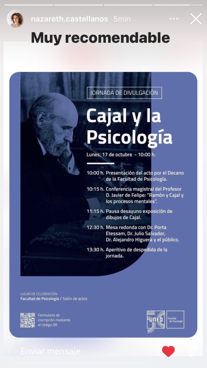 araceli_ac's tweet photo. Un plan genial para el día de libranza: escuchar a #JavierDeFelipe en la conferencia Cajal y la Psicología de @UNEDPsicobio 🙌🏻🙌🏻🙌🏻 https://t.co/Uw8W0PLyG4