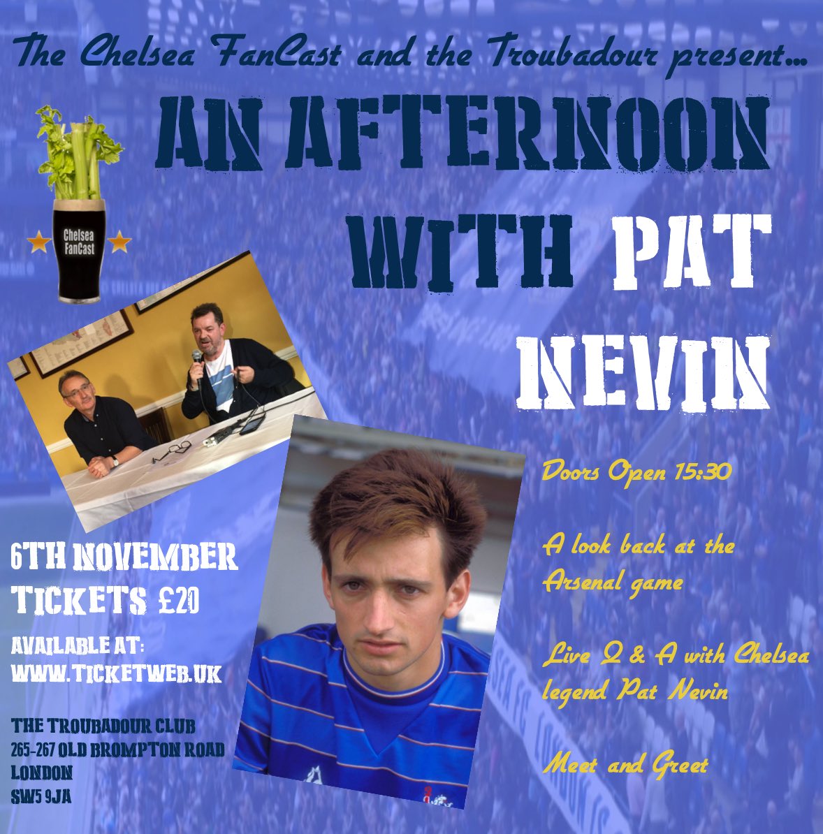 We’re delighted in <a href="/ChelseaFanCast/">Chelsea FanCast ⭐️⭐️🇺🇦</a> land to be setting up another opportunity for you to hang with your heroes at <a href="/TroubadourLDN/">Troubadour</a>. This time it’s <a href="/PatNevin/">Pat Nevin</a>! Tickets are very limited for this intimate event after the arsenal game so don’t miss out. ticketweb.uk/event/chelsea-…