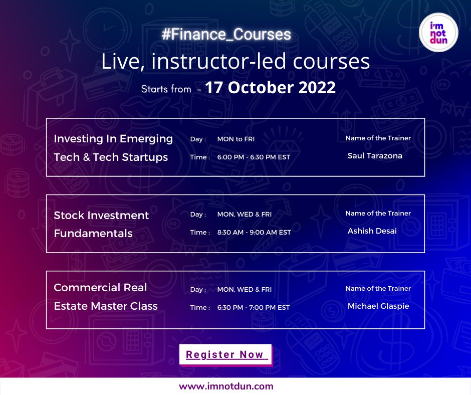 iamnotdone_edu's tweet photo. #NEWBATCH2022 for #Financecourses starting from today 17 October. Few hours left.
Visit: https://t.co/MNJl50jIKr for more information.
#onlinelearningplatform #adultlearn #startup #PersonalFinanceEducation #personalfinance #stockmarketeducation #wisergeneration #imnotdun https://t.co/Rogpx5kcXz