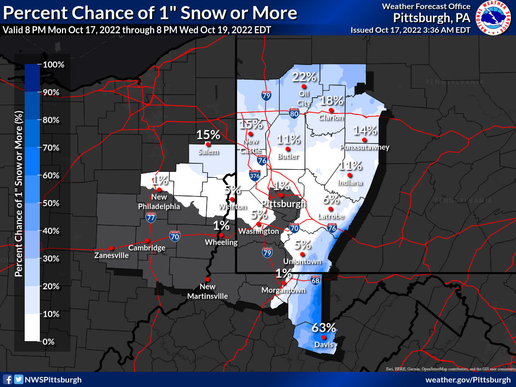 NWSPittsburgh's tweet photo. Unseasonably cool weather starts today and will continue through at least Friday. Chances for snow also increase during this period due to lake enhancement. https://t.co/RSNj1VQEpe