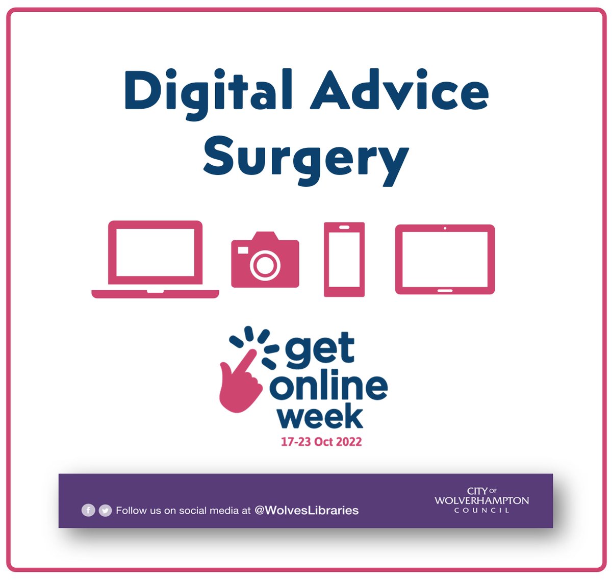 It's #GetOnlineWeek! Screaming at your screen? Stuck tackling your tablet? Get help with your digital devices at our Digital Advice Surgeries!

East Park Library
Tuesday 18th October 10am – 12pm

Low Hill Library
Friday 21st October 2pm – 5pm

#DigitalWolves