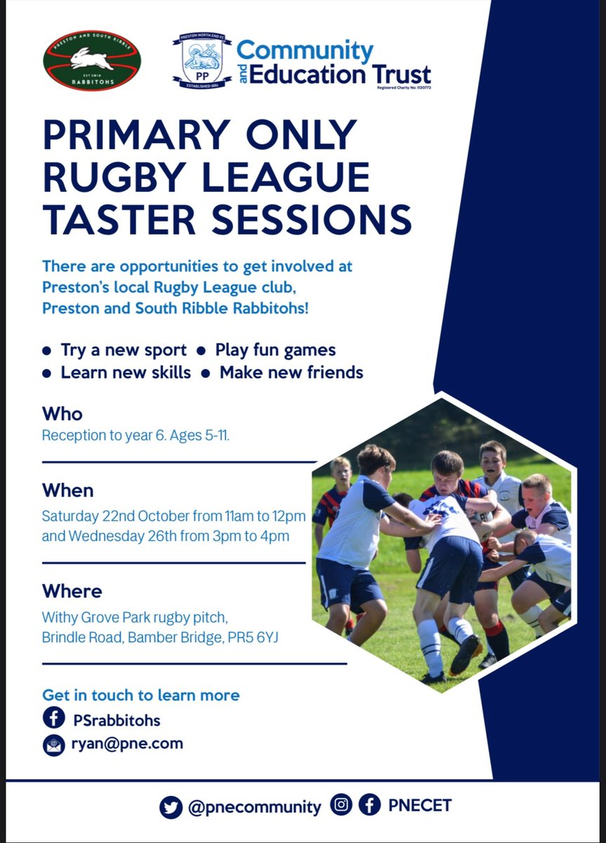 PSRrabbitohs's tweet photo. Have you been watching the rugby league world cup with family? Are you all feeling inspired? We certainly are! 
We are less than a week away from our first FREE primary rugby league taster session! 
On Saturday the 22nd October, come down to Rabz HQ for new skills, fun games https://t.co/fSJlwsnbFP