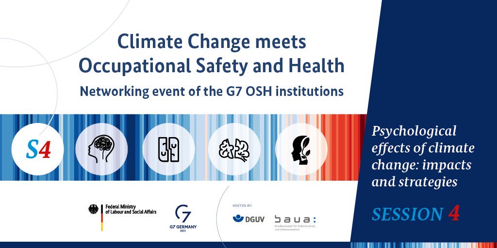 DGUVKompakt's tweet photo. #G7networkingOSH conference now focusses on four different topics: 🔅#climatechange and heat 🔅#climatechange and infections 🔅 #climatechange and alternative energy 🔅#climatechange and mental health https://t.co/Gya1DYupfB