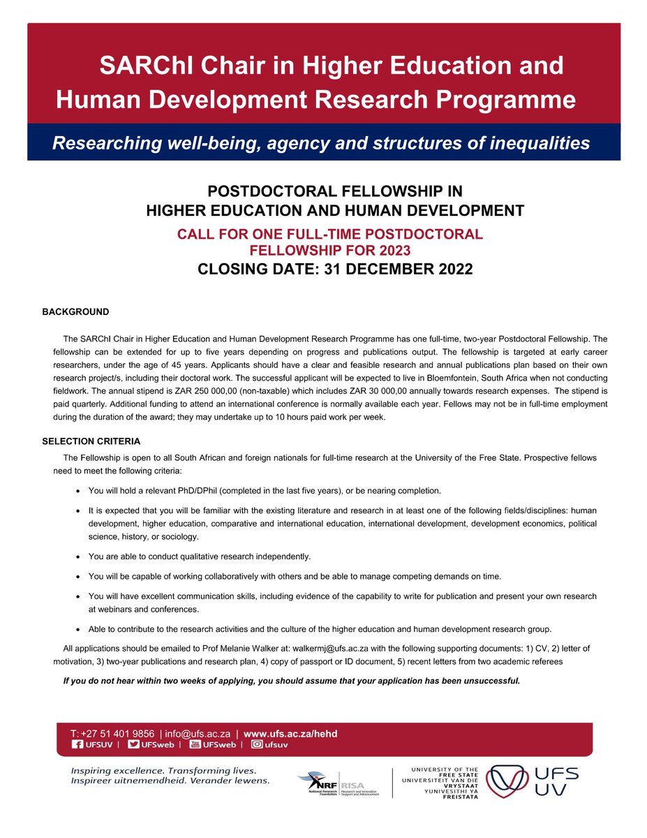 Higher Education & Human Development Research_ SA (@hehd_sa) on Twitter photo Join our vibrant research group <a href="/HEHD_SA/">Higher Education & Human Development Research_ SA</a> led by Prof Melanie Walker <a href="/Melanie_HEHD/">Melanie Walker</a> ! There is an open call for one full-time postdoctoral fellowship for 2023: ufs.ac.za/hehd/home/fund… Join our vibrant research group <a href="/HEHD_SA/">Higher Education & Human Development Research_ SA</a> led by Prof Melanie Walker <a href="/Melanie_HEHD/">Melanie Walker</a> ! There is an open call for one full-time postdoctoral fellowship for 2023: ufs.ac.za/hehd/home/fund…