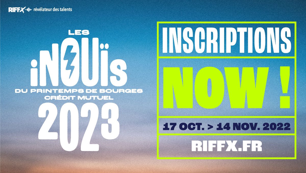 LesInouisduPdB's tweet photo. A vos dossiers ! L'appel à candidatures 2023 est lancé, tente ta chance pour devenir un·e des futur·es iNOUïS du Printemps de Bourges Crédit Mutuel ⚡️

Plus d'infos et lien d'inscription en bio

#iNOUïS23 #RIFFX #PDB23 https://t.co/hiT8EjZXbs