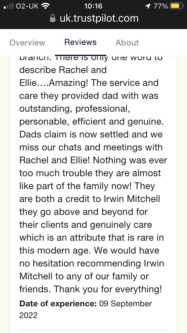 5 star Trustpilot review for my colleagues @hedley913 <a href="/EllieTaylorIM/">Ellie Taylor</a> another great result &amp; a very happy client <a href="/PIandMedNeg/">Irwin Mitchell Personal Injury & Med Neg</a> #experthandhumantouch