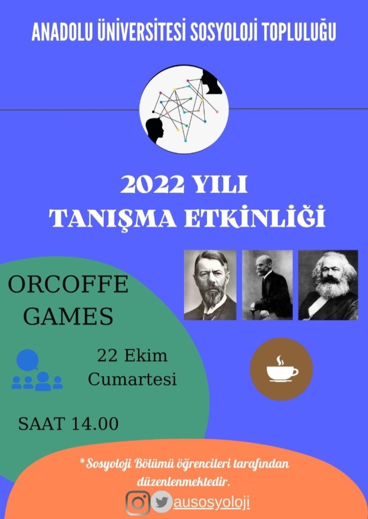 Anadolu Üniversitesi Sosyoloji Topluluğu olarak, tüm sosyoloji severler ile tanışmaya hazırız. 22 Ekim Cumartesi saat 14.00'da OrGamesCoffee'de yapacağımız tanışma etkinliğimize tüm sosyoloji severler davetlidir.