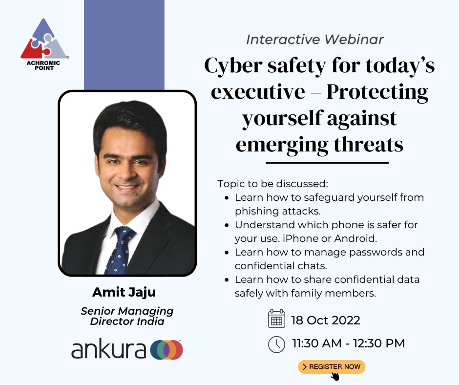 AchromicPoint's tweet photo. Join this “Interactive Webinar” on Cyber safety for today’s executive – Protecting yourself against emerging threats. https://t.co/bdfgmljTSG
#InteractiveWebinar #CyberSafety #CyberSecurity #Cyber #CyberAttack #CyberCrime #CyberThreats #EmergingThreats #Webinar #ComputerSecurity https://t.co/QCadjtSWOa