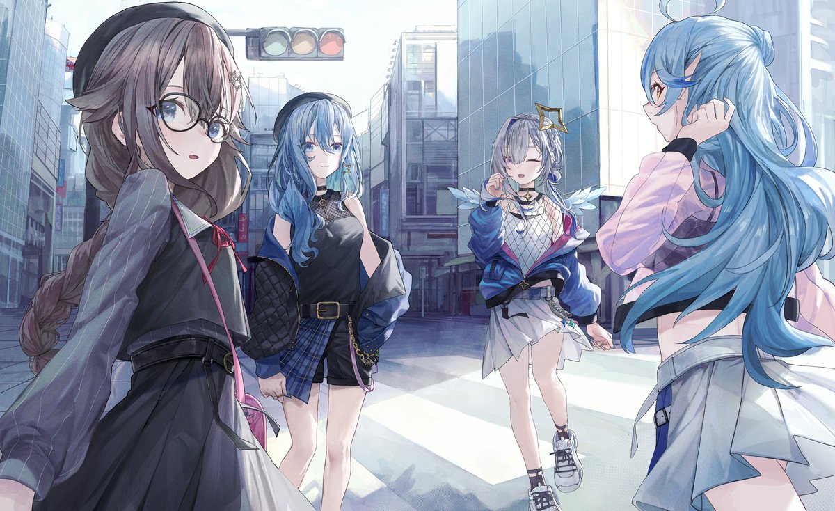amane kanata ,hoshimachi suisei ,tokino sora multiple girls 4girls blue hair glasses skirt long hair brown hair  illustration images