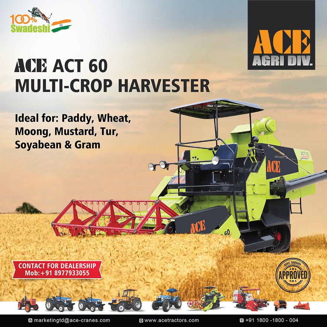 ACETractorIndia's tweet photo. ACE ACT 60 
Multi-Crop Harvester

Ideal for: Paddy, Wheat, Moong, Mustard, Tur, Soyabean &amp; Gram

#ACE #AceAgriEquipment #AgriMachine #ACT60 #Harvester #MultiCropHarvester #Combine #CombineHarvester #AgriImplement #AceHarvester #Farming https://t.co/0yRJM9iue4
