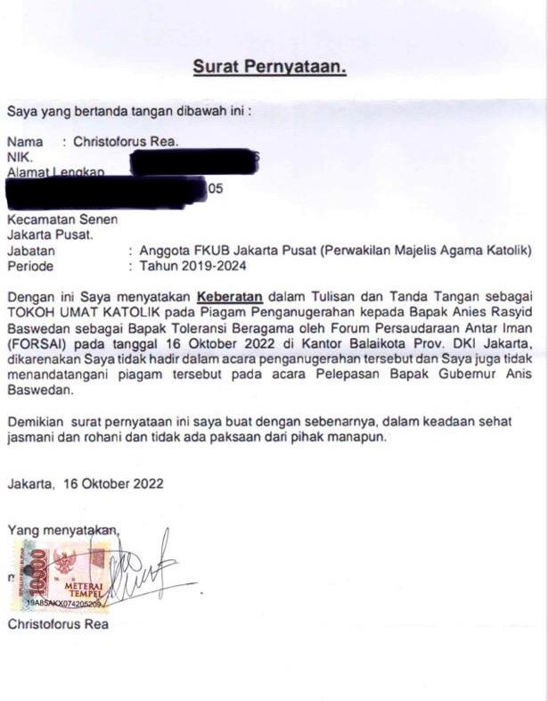 GunRomli's tweet photo. Bapak Christoforus Rea (Tokoh Ummat Katolik) namanya dicatut untuk gelar 'Bapak Toleransi Beragama' unt Anies Baswedan.

Dia merasa tidak hadir &amp; tidak tanda tangan.

Gelar palsu unt piagam palsu untuk orang yg penuh kepalsuan. https://t.co/tQ5LIvPFEE