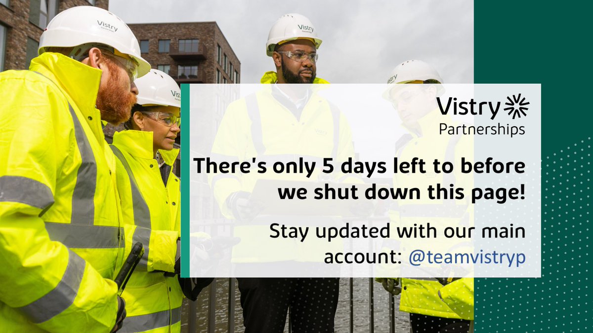 A reminder that on October 21st we will be shutting down this Twitter account.
Be sure to follow our main account, @teamvistryp and to get all your Vistry news going forward!