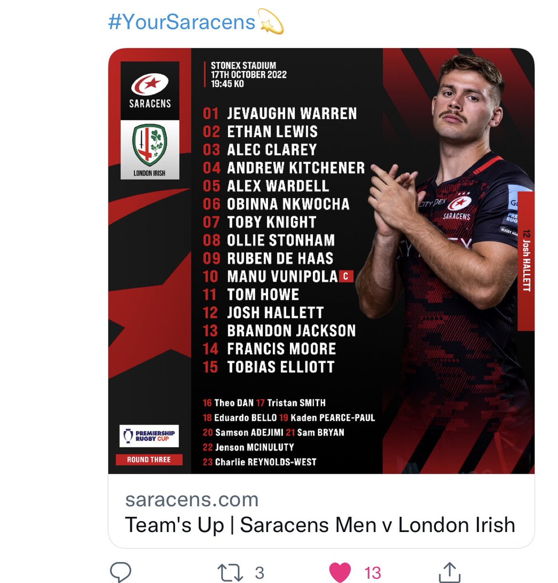 robsmith66's tweet photo. Been a long time since I looked forward to a game of rugby as much as this one. After 12 months of injury he's fit & we should get to see my lad on a pitch again. #sarries #gowelllads https://t.co/D38jePTnnu