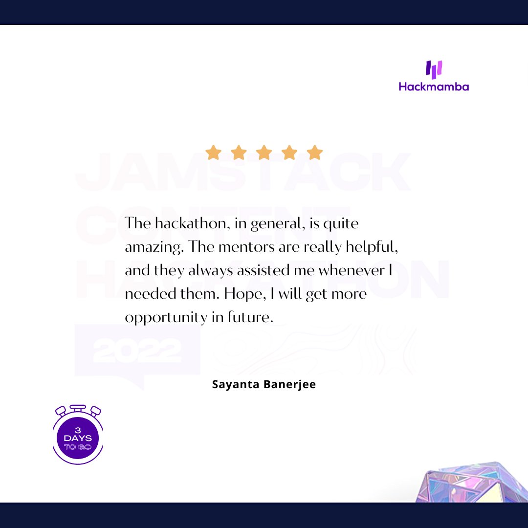 hackmamba's tweet image. In preparation for the kickoff, here&apos;s a random sample of reviews from the participants of Hackathon 1.0 🤩

Are you pumped up for this chilling experience as much as we do? 🤞

Only three days to go!

#hackathon2022 #technicalwriting #softwaredevelopment #technicalwriters