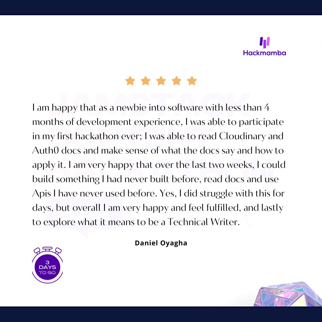 hackmamba's tweet image. In preparation for the kickoff, here&apos;s a random sample of reviews from the participants of Hackathon 1.0 🤩

Are you pumped up for this chilling experience as much as we do? 🤞

Only three days to go!

#hackathon2022 #technicalwriting #softwaredevelopment #technicalwriters