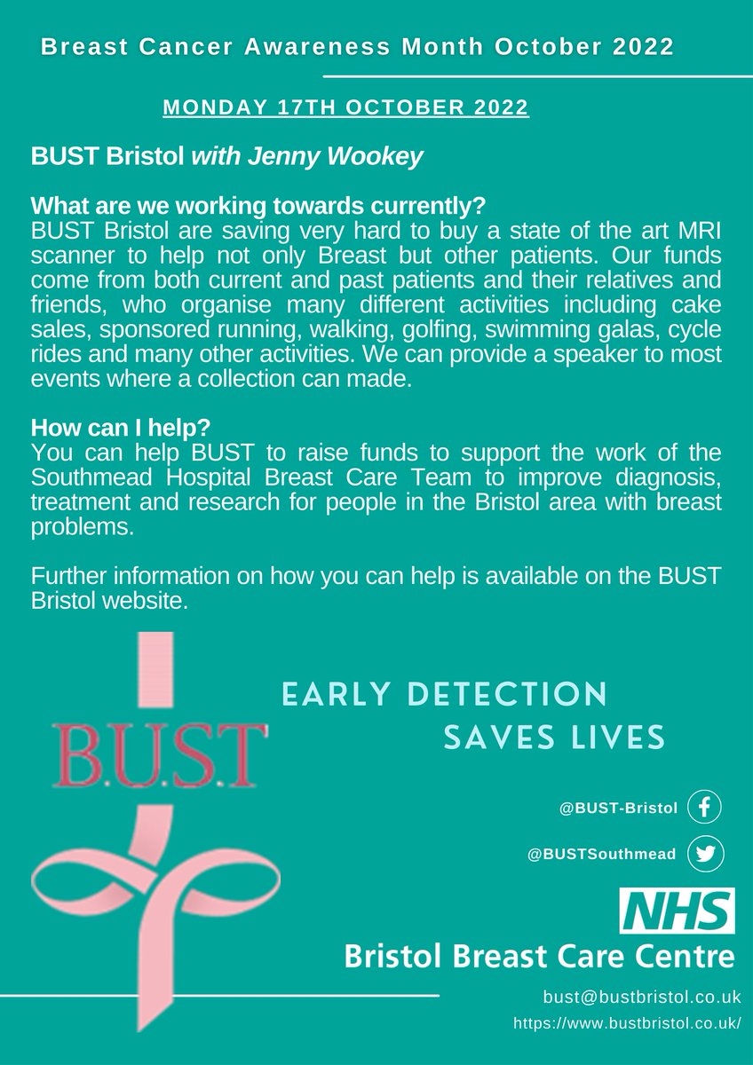 This week's focus for #BreastCancerAwarenessMonth is on the Bristol BUST Charity <a href="/BustSouthmead/">B.U.S.T.</a> and their important work. Thank you Jenny for the insight into what you do💖 
Get in touch with BUST to find out more on how you can support! #awesomeascr #earlydetectionsaveslives